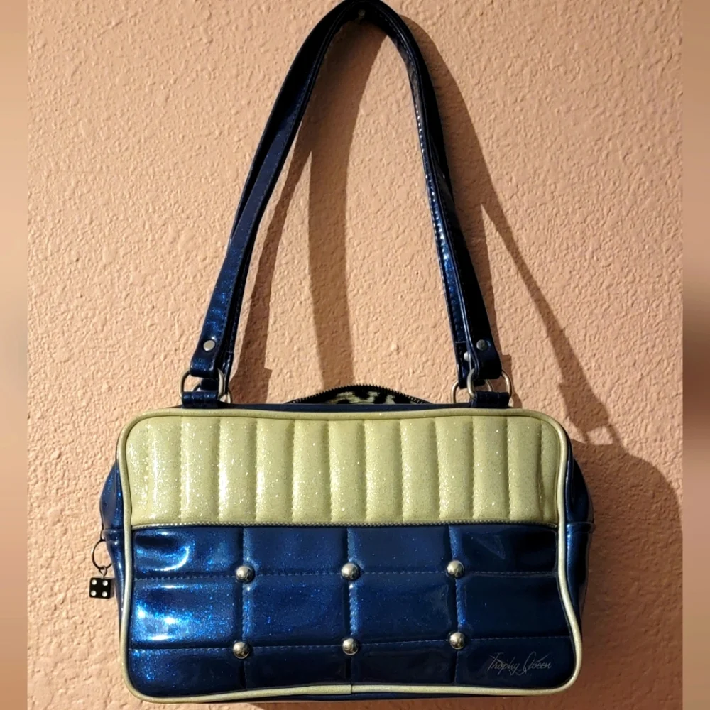 Navy Blue and Light Gold Quilted Shoulder Bag - Picture 1 of 7